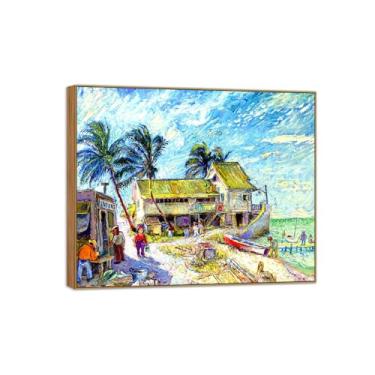 Imagem de BMZFYBS David Burliuk Famosas impressões em tela de arte de parede prontas para pendurar. Estação de pesca. Pintura de moldura de madeira para decoração de sala de estar 30 x 35 cm 12 x 13 polegadas