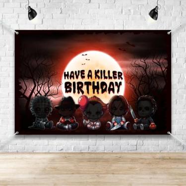 Imagem de Banner de festa de aniversário de filme de terror, cenário de festa de Halloween com tema assustador de 1,5 x 0,9 m, fundo fotográfico com adereços clássicos de terror, decorações para crianças e