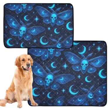 Imagem de Esthetic Gothic Moths Skull Blue Pee Pads para cães, lavável à prova d'água, tapete fofo reutilizável para gatos, almofadas absorventes para cães, médio + grande, conjunto de 2