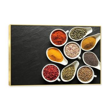 Imagem de NHLDZYH Moldura dourada. Arte de parede em tela de especiarias coloridas e colher de tempero | Decoração de cozinha vintage | Arte moderna para casa e sala de jantar. C45. 30 x 45 cm-11,8 x 17,7 pol
