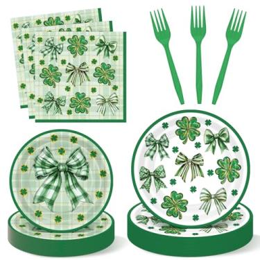 Imagem de Havawish Pratos e guardanapos de papel irlandês para festa do dia de São Patrício, decoração de festa de trevo de quatro folhas, pratos descartáveis de papel trevo verde para 24 convidados, artigos de
