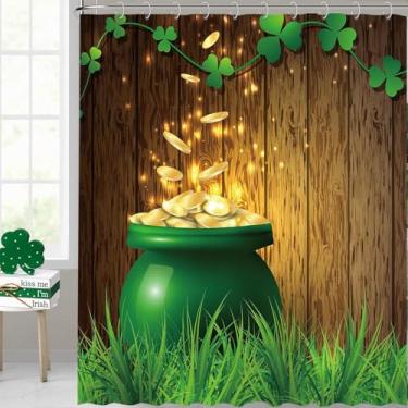 Imagem de HQM Cortina de chuveiro do Dia de São Patrício para decoração de banheiro, tábua de trevo irlandês da sorte, cortina de chuveiro para meninas fofas, cortinas douradas, cortinas de banheira, tecido