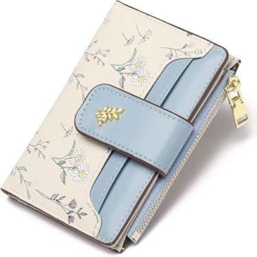 Imagem de Carteira feminina floral dobrável, carteira feminina de couro PU com zíper para mulheres, lindas carteiras pequenas para mulheres com compartimentos para cartões, carteira feminina floral para
