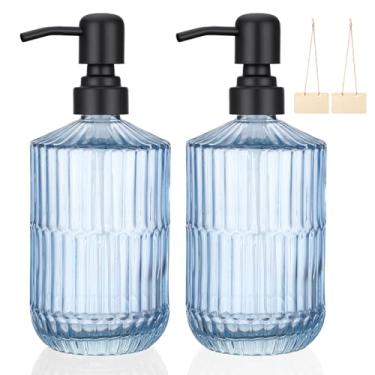 Imagem de Segbeauty Dispensador de saboneteira de vidro de 440 ml vazio, 2 peças de xampu e condicionador de banheiro recarregável azul com bomba inoxidável, recipiente grande de loção de gel de 450 ml para