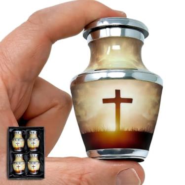 Imagem de Malaika Memorials Conjunto de 4 mini urnas com cruz transcendente, pequenas urnas para lembrança de cinzas humanas, adulto masculino/feminino, capacidade de 7 cm cúbicos