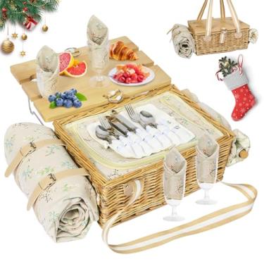 Imagem de HYBDAMAI Cesta de piquenique para 4 pessoas com mesa dobrável, cobertor impermeável e bolsa de vinho, conjunto de cesta de piquenique de vime isolado, grande cesto de salgueiro para atividades ao ar