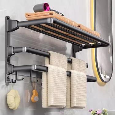 Imagem de Prateleira de toalha de parede dobrável para armazenamento de toalhas de banho, toalheiro suporte de prateleira de toalha Suporte de torre (cor: preto de três camadas, tamanho: 60 cm)