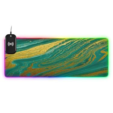 Imagem de CEBUGI Mouse pad de carregamento sem fio com fundo de mármore dourado verde de 15 W com iluminação LED RGB 14 para jogos, PC, laptop, mesa 90,9 x 39,9 cm