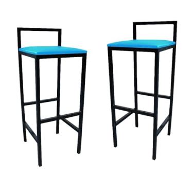 Imagem de Kit 2 Banqueta Alta Com Encosto Quadrada Estilo Industrial Cozinha Balcão Bar(Azul)