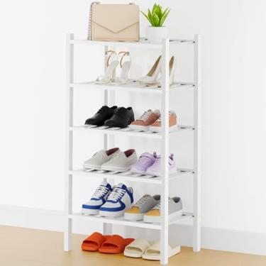 Imagem de Smiry Sapateira, organizador de sapatos de bambu pequeno de 5 camadas de espessura, prateleira empilhável de madeira para armário, entrada, entrada da porta da frente, branca