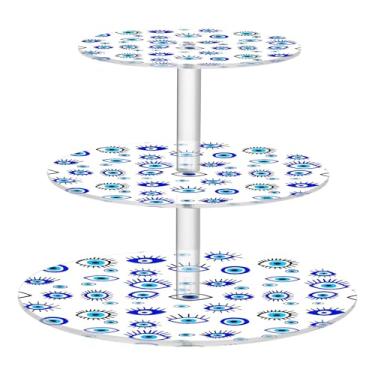 Imagem de Suporte de cupcake para festa de chá com olho turco azul, 3 camadas, copo redondo, torre de bolo, suporte de mesa fofo para sobremesa, decorações de chá e flores de formatura