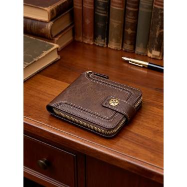 Imagem de Carteira masculina dobrável com zíper, bolso para moedas, compacto, com três dobras, porta-cartões para uso diário, viagem, trabalho