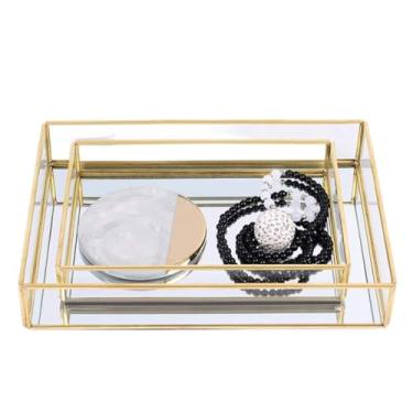 Imagem de Generic Bandeja de Vidro de Latão Organizadora de Joias Vintage, Caixa de Armazenamento de Cosméticos de Grande Capacidade para Bolsas de Maquiagem, Bandeja de Joias (Retangular, Grande)