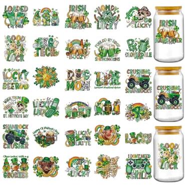 Imagem de Adesivos UV DTF do Dia de São Patrício - 30 folhas de chapéu verde trevo UV DTF envoltórios de copo para vidro de 473 ml, adesivo de transferência bonito de vaca Highland para decoração de copo de
