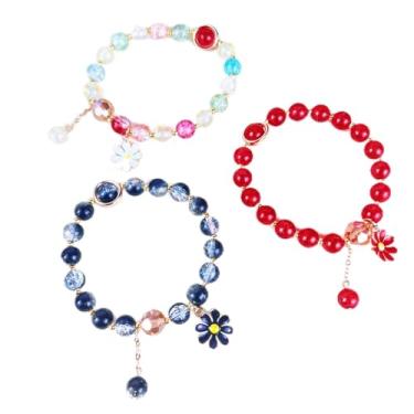 Imagem de 3 pulseiras femininas com pingente de margarida – Conjunto elástico com contas de cristal e vidro da sorte, joia boho chique colorida da amizade, presente de aniversário e dia dos namorados para ela