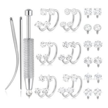 Imagem de Wrlcorly Anéis de nariz em ferradura para mulheres, brinco de meia argola, zircônia cúbica, ferradura, tragus, hélice, brinco de septo, labret, piercing labial, joia 18G, 8 mm, banhado a ouro e prata