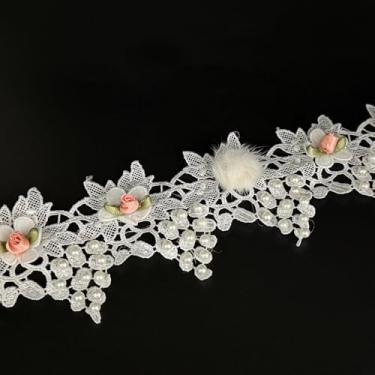 Imagem de 1 jarda contas de pérolas brancas flores fita de acabamento de renda apliques florais tecido bordado bonito renda para casamento, vestido de noiva, roupas, fantasia chapéu decoração (padrão branco 2