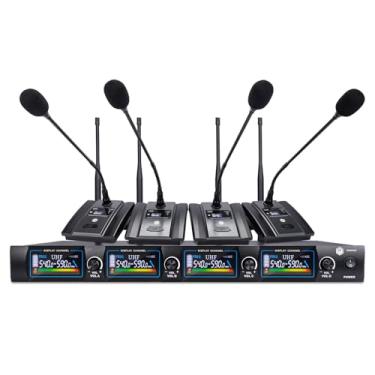 Imagem de W IN-MIX Sistema de microfone de conferência sem fio, microfone de pódio sem fio de 4 canais, 4 microfones pescoço de ganso com frequência ajustável, ruído de fundo super baixo para palestras, igreja