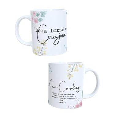 Imagem de Caneca Personalizada Seja Forte e Corajosa com Nome | Caneca Religiosa Cristã Feminina em Porcelana 340ml | Presente de Fé, Motivação e Esperança | Frase Bíblica Inspiradora