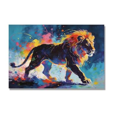 Imagem de NHLDZYH Pintura de leão colorida, impressão de arte abstrata vibrante, decoração de parede de animais selvagens e enérgicos, tela contemporânea moderna para quarto, academia, quarto de crianças. A86