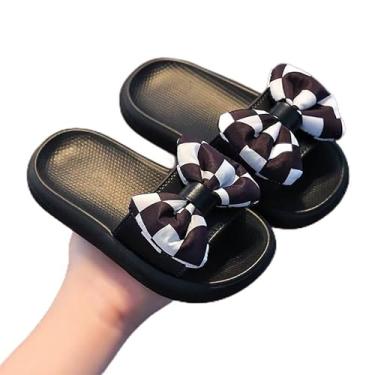 Imagem de Chinelos infantis com laço – sapatos fofos com sola antiderrapante para meninas, chinelos de uso interno, Preto, 10-10.5 Little Kid