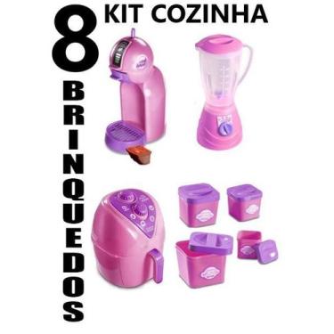 Imagem de Kit Cozinha Infantil 8 Brinquedos Airfryer Potes Liquidificador Cafete