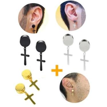 Imagem de Brinco Pressão Magnético Falso Alargador Ímã Pingente Cruz Preto Prata Dourado Aço Inox-Unissex