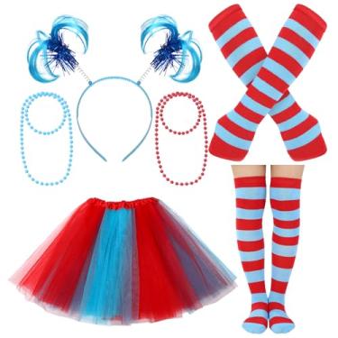 Imagem de JATEBI 6 peças de acessórios de fantasia de tutu femininos incluem saia tutu de tule, luvas listradas azuis e vermelhas, meias de pompom, faixa de cabeça azul, saia vermelha e azul