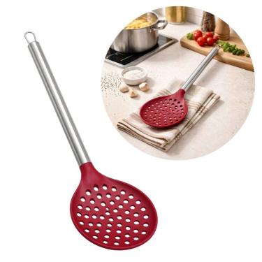 Imagem de Escumadeira de Silicone Vinho Bordô com Cabo em Aço Inox Elite Premium 34cm