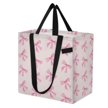 Imagem de SEHANY Sacolas de compras reutilizáveis com laço rosa fofo com alças reforçadas, bolsa de compras de lona dobrável à prova d'água de grande capacidade para viagem, cozinha, praia