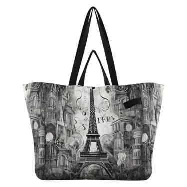 Imagem de SEHANY Sacola de compras reutilizável da Torre Eiffel de Paris com alças reforçadas, bolsa de compras de lona dobrável à prova d'água de grande capacidade para viagem, cozinha, praia