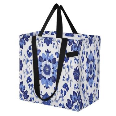 Imagem de SEHANY Sacolas de compras reutilizáveis de porcelana azul e branca com alças reforçadas, bolsa de compras de lona dobrável à prova d'água de grande capacidade para viagem, cozinha, praia