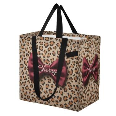 Imagem de SEHANY Sacola reutilizável de cereja e leopardo com alças reforçadas, bolsa de compras de lona dobrável à prova d'água de grande capacidade para viagem, cozinha, praia