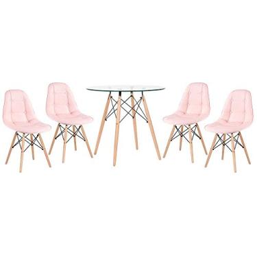 Imagem de Loft7 Home Decor, Kit Mesa de Vidro Eames 80 cm + 4 Cadeiras Eames Botonê - Rosa