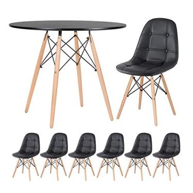 Imagem de Loft7, Kit Mesa Eames 90 cm Preto + 6 Cadeiras Eiffel Botonê, PU sintético, Aço e Madeira, Escritório, Sala de Estar e Sala de Jantar - Preto