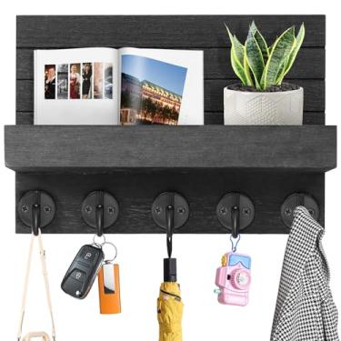Imagem de MABCIRY Porta-chaves com 5 ganchos e ferragens de montagem, porta-chaves de madeira e porta-correio, suporte de chave para parede para guarda-chuva, porta-chaves montado na parede, prateleira para