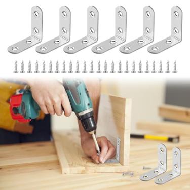 Imagem de Conjunto de suporte de canto de aço inoxidável em L, suportes de ângulo reto de 90 graus com parafusos de aço inoxidável para prateleiras de madeira, cadeiras, mesas, cômodas, móveis (40 x 40 mm, 6