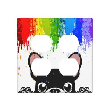 Imagem de Yamxbfa Cores engraçadas de arco-íris fofas capas de saída de cachorro preto 2 gangs placa de cobertura de interruptor de luz dupla placa decorativa Gfci placa de parede receptáculo elétrico capas de