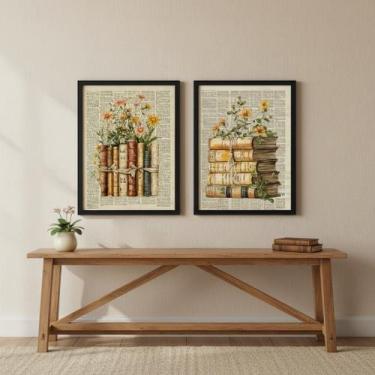 Imagem de Kit 2 Quadros Livros Com Flores Vintage 33x24cm Mold Preta - Quadros O