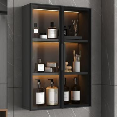 Imagem de Armário de banheiro montado na parede com portas de vidro - Armazenamento versátil para banheiro, cozinha, sala de estar e quarto - Armário de remédios elegante acima do vaso sanitário