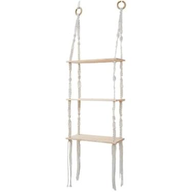 Imagem de aqxreight Prateleira de Parede Com Corda de Algodão de 3 Camadas - Madeira de Pinho Rústica Pendurada para Decoração de Casa, Livros, Plantas - Solução de Armazenamento para Quarto Boho e Sala de