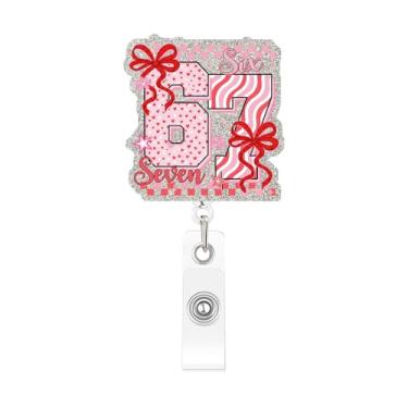 Imagem de Clipe de crachá rosa Sixty-Seven Carretel retrátil para crachá de identificação com desenhos de laço, clipe de crachá de dia dos namorados com glitter, 67 porta-crachás para enfermeiras, crachás de