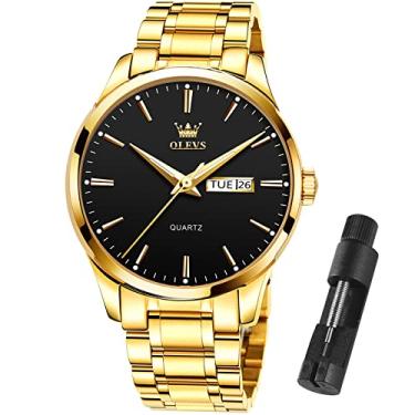 Imagem de Relógio masculino OLEVS Day and Date com relógio de pulso masculino à prova d'água e analógico, relógio de quartzo de aço inoxidável, clássico, relógio de pulso romano, Men Watch-Gold Steel Band