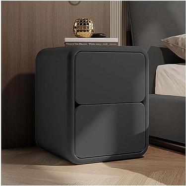 Imagem de Mesa de cabeceira moderna - Mesa de cabeceira de madeira maciça com 2 gavetas - Design criativo para quarto - Mesa lateral de couro estreita - Armário de cabeceira versátil