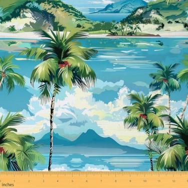 Imagem de Tecido Hawaii Ocean por jarda, tecido de estofamento tropical de coqueiros, pano decorativo hippie grafite para estofamento, artesanato verde azul e suprimentos de costura faça você mesmo, 2 metros