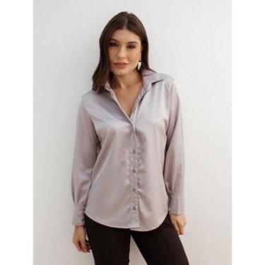 Imagem de Camisa Feminina Cetim com Decote Modelagem Solta Manga Longa-Feminino