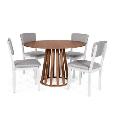 Imagem de Mesa De Jantar Redonda Gabi Noronha Com 4 Cadeiras Estofadas Ella Branco/cinza Claro