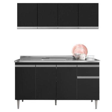 Imagem de Balcão De Pia Tatiane 145 Cm E Armário Aéreo Andréia 4 Portas 150 Cm Preto Fosco - Ajl
