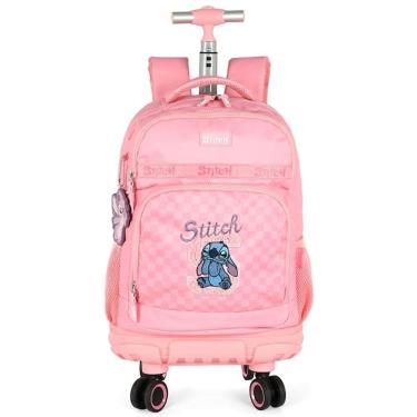 Imagem de Mochila Escolar de Rodinhas STITCH Xadrez Rosa Luxcel