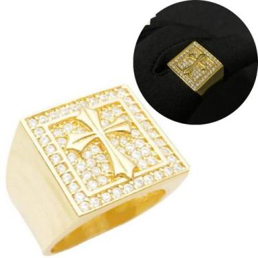 Imagem de Anel Masculino Cravejado Banhado a Ouro 24k Dedeira Crucifixo Personal